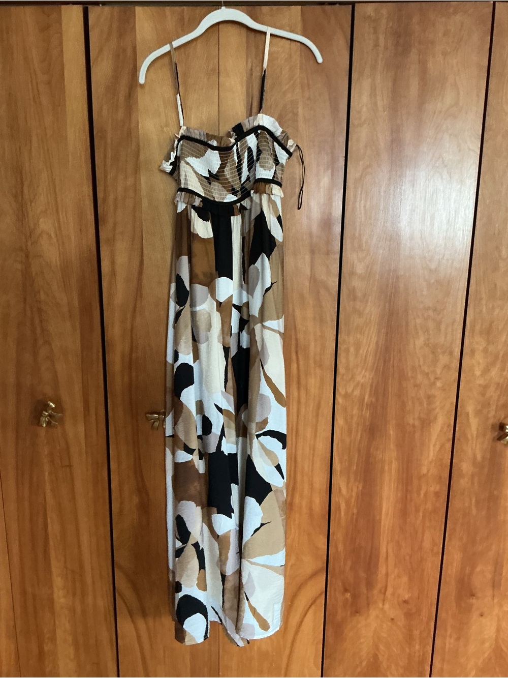 Vici Beige Black Cream Abstract Print Strapless Jumpsuit